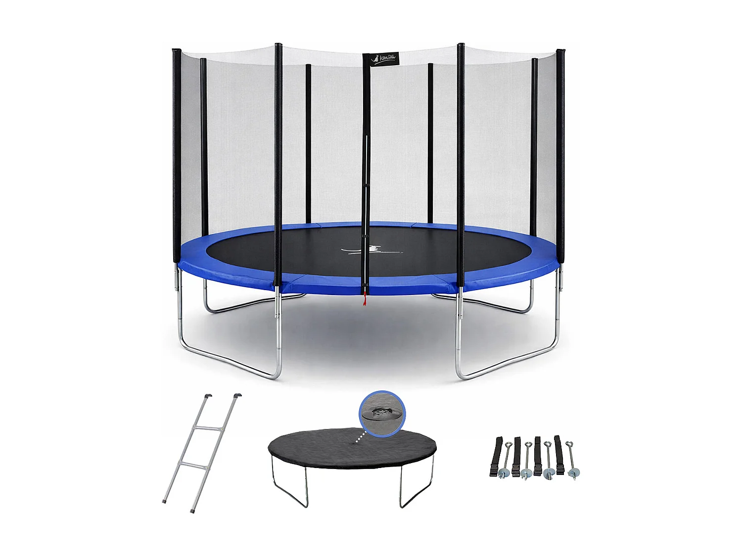 Trampoline rond Bleu Ø360cm avec filet, échelle, bâche et kit ancrage