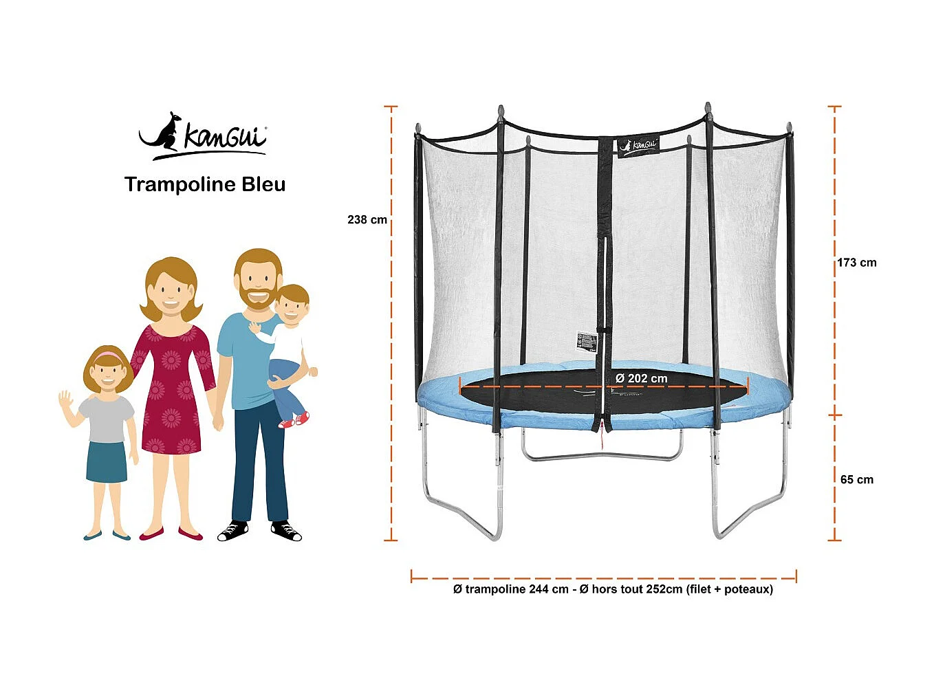 Kangui - Trampoline de jardin 250 cm + filet de sécurité + échelle + bâche de protection + kit d'ancrage | Normes EU | Montage facile