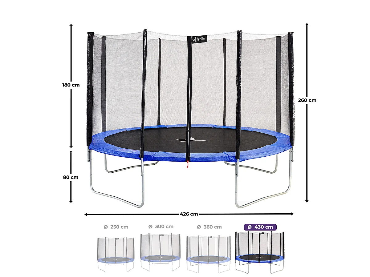 Trampoline rond Bleu Ø430cm avec filet, échelle, bâche et kit ancrage