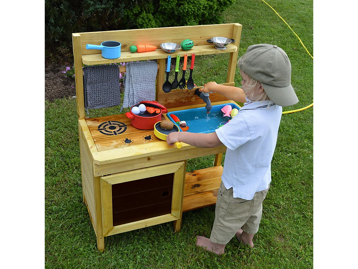 KANGUI - Cuisine extérieure bois FSC, bac à eau, robinet, évier pour jeux aux jardin