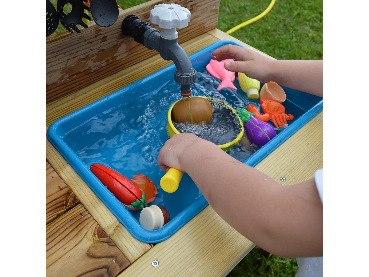 KANGUI - Cuisine extérieure bois FSC, bac à eau, robinet, évier pour jeux aux jardin