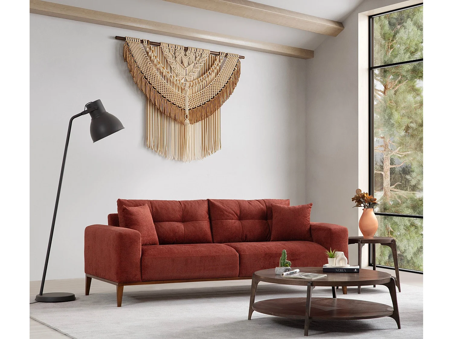 Canapé moderne 3 places convertible Detliso Tissu Rouge Brique