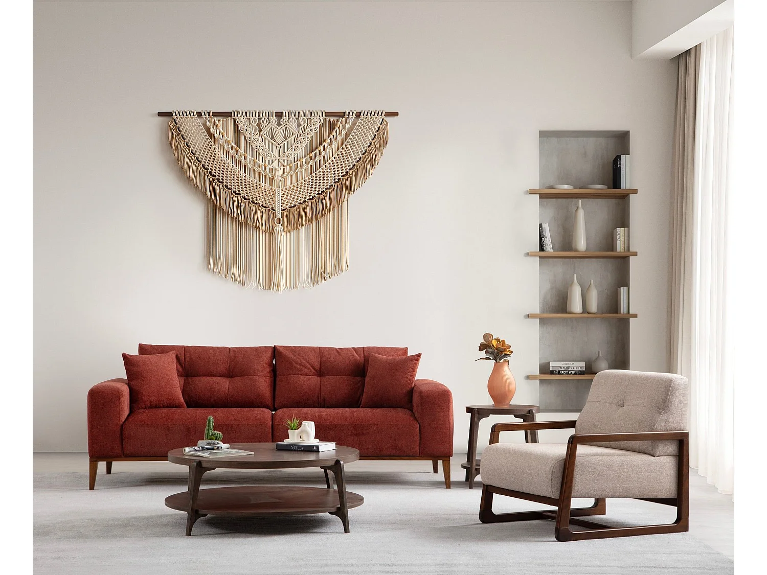 Canapé moderne 3 places convertible Detliso Tissu Rouge Brique