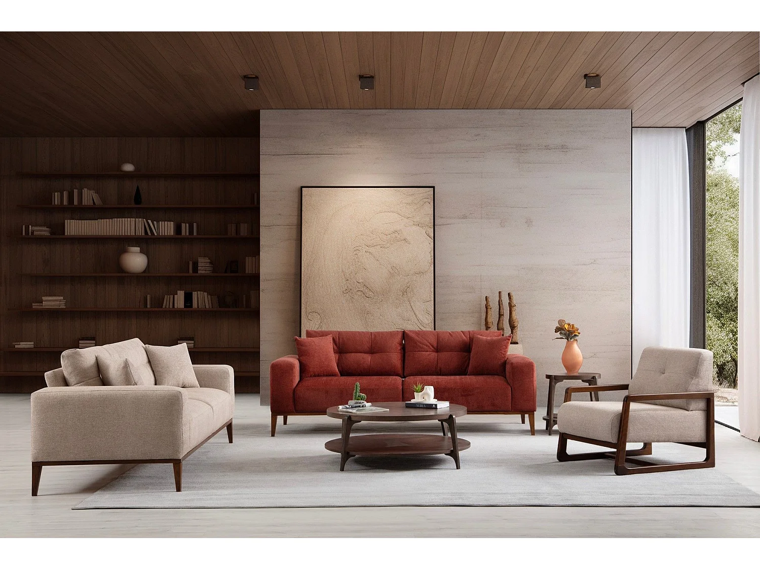 Canapé moderne 3 places convertible Detliso Tissu Rouge Brique