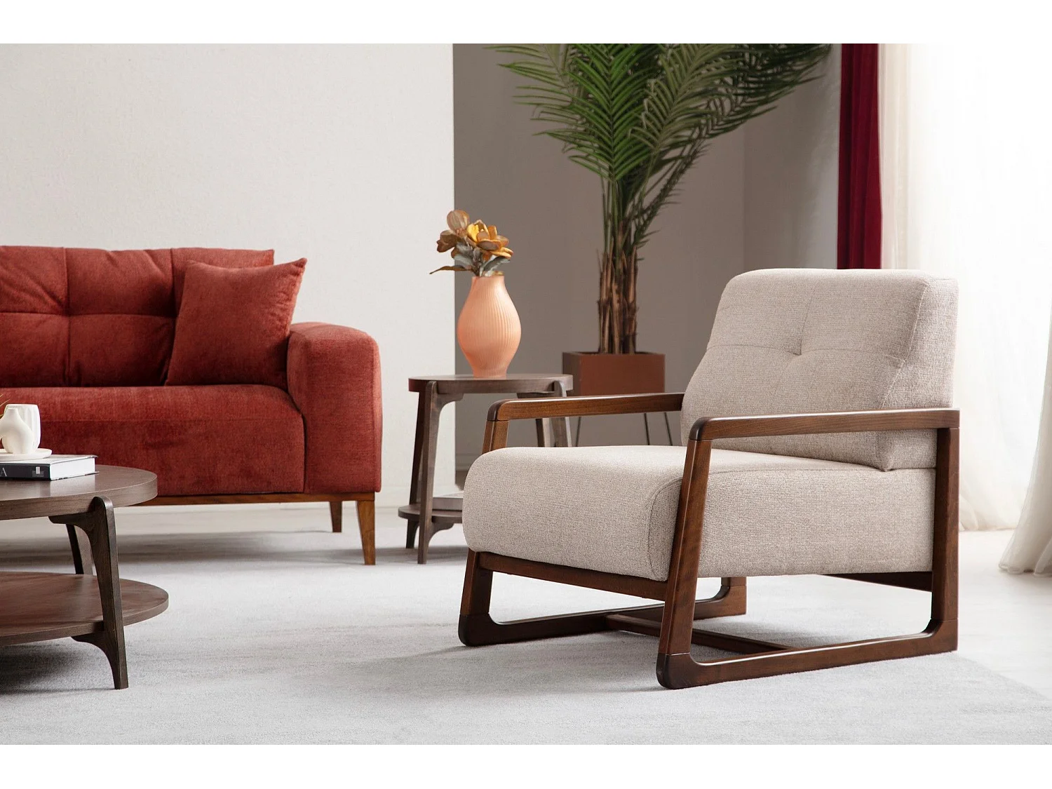 Canapé moderne 3 places convertible Detliso Tissu Rouge Brique