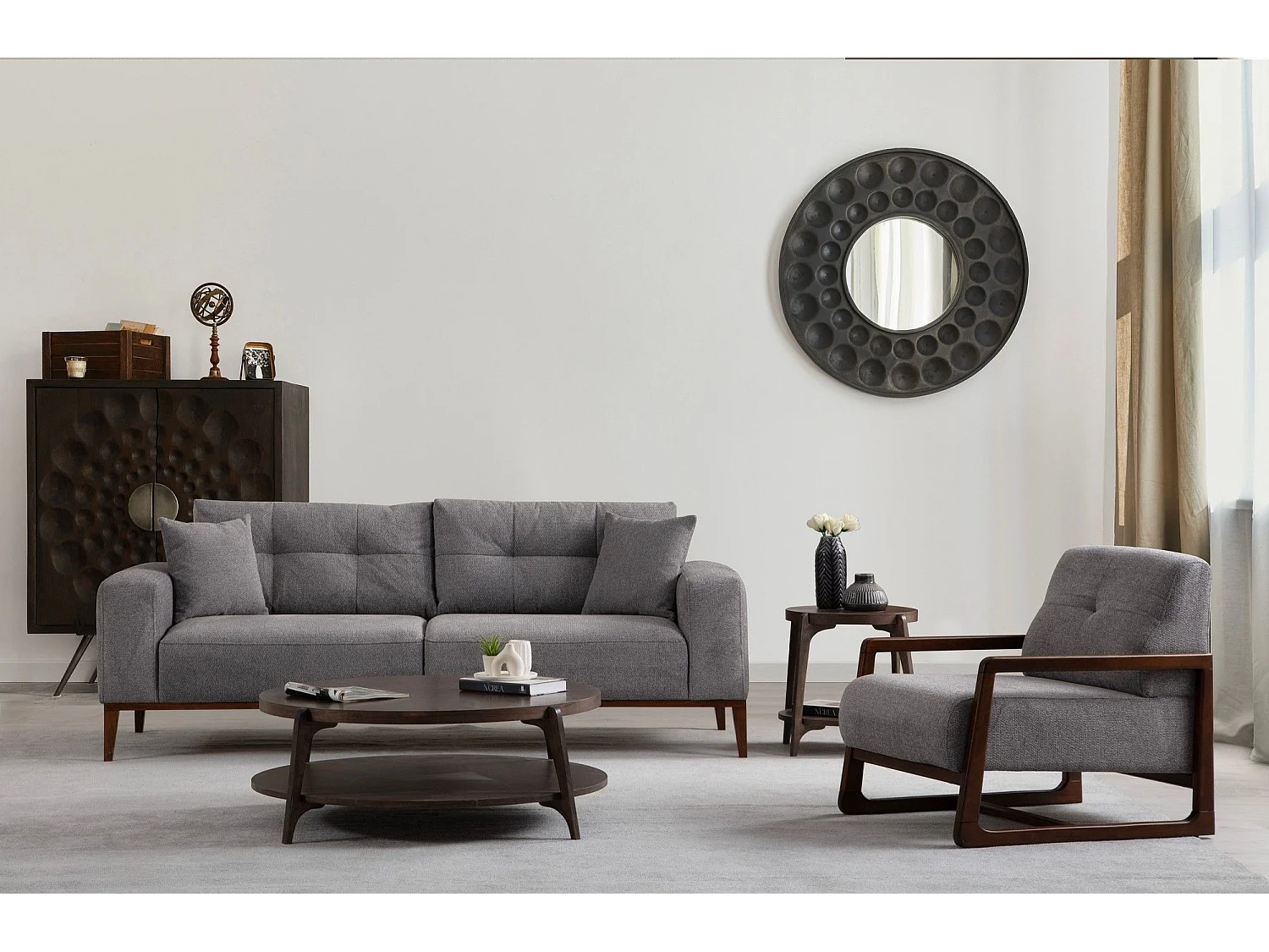 Canapé moderne 3 places convertible Detliso Tissu Gris clair