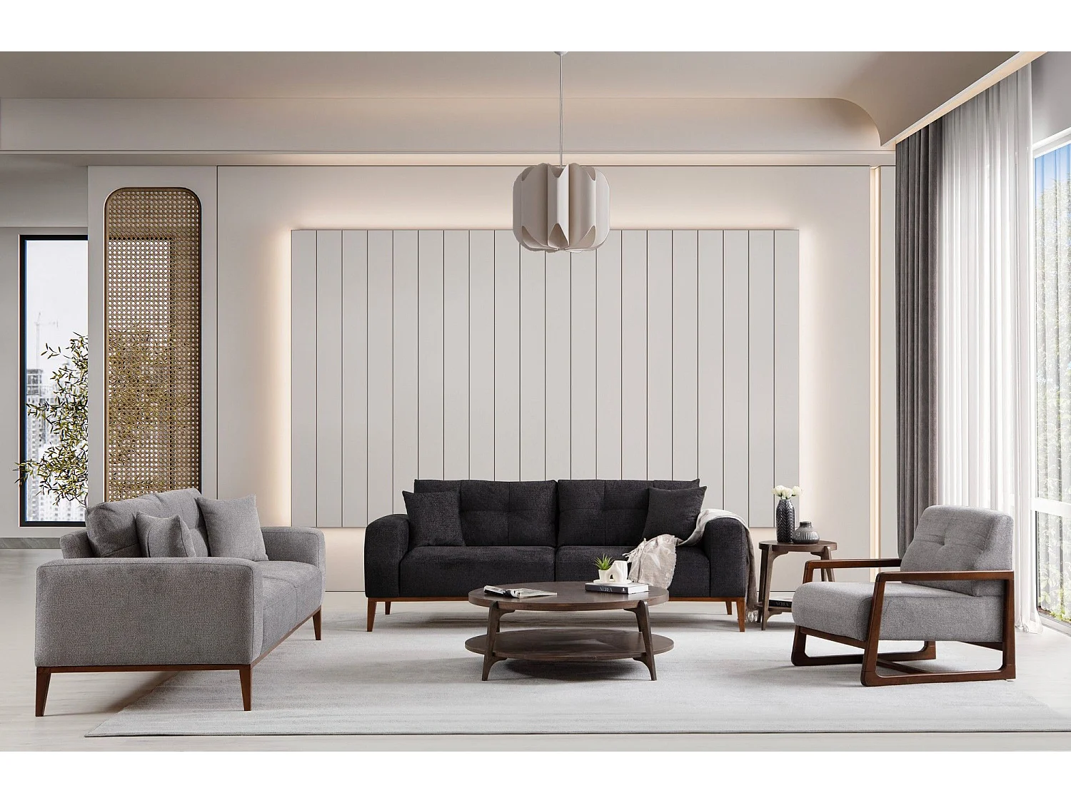 Canapé moderne 3 places convertible Detliso Tissu Gris clair