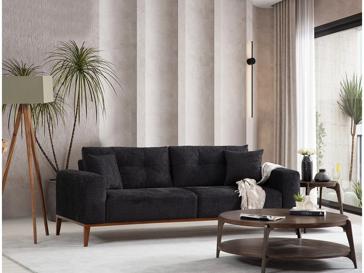 Canapé moderne 3 places convertible Detliso Tissu Anthracite