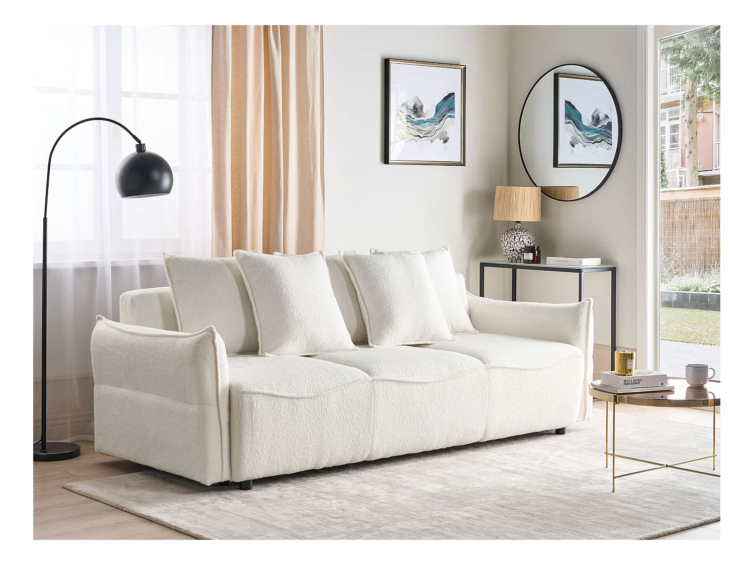 3-Sitzer Sofa Bouclé weiß mit Stauraum Schlaffunktion mehrere Kissen Krama