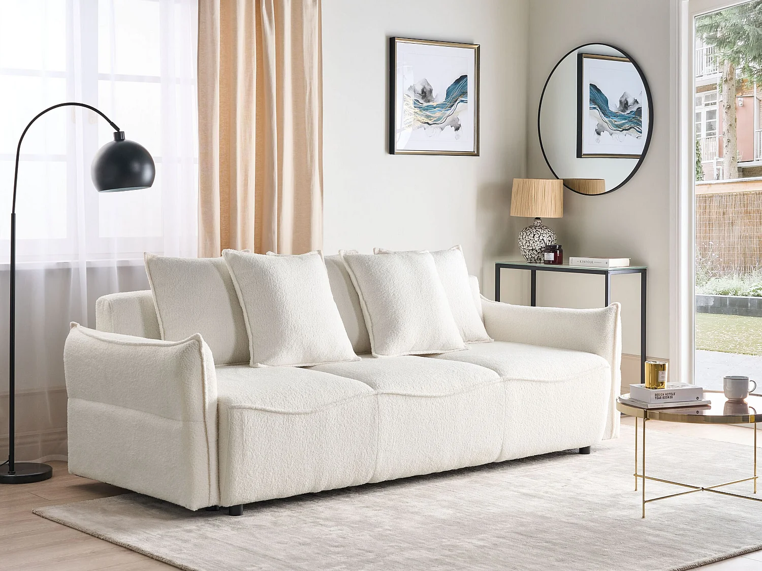 Sofa rozkładana KRAMA Boucle Biały ze schowkiem dla 3 osób