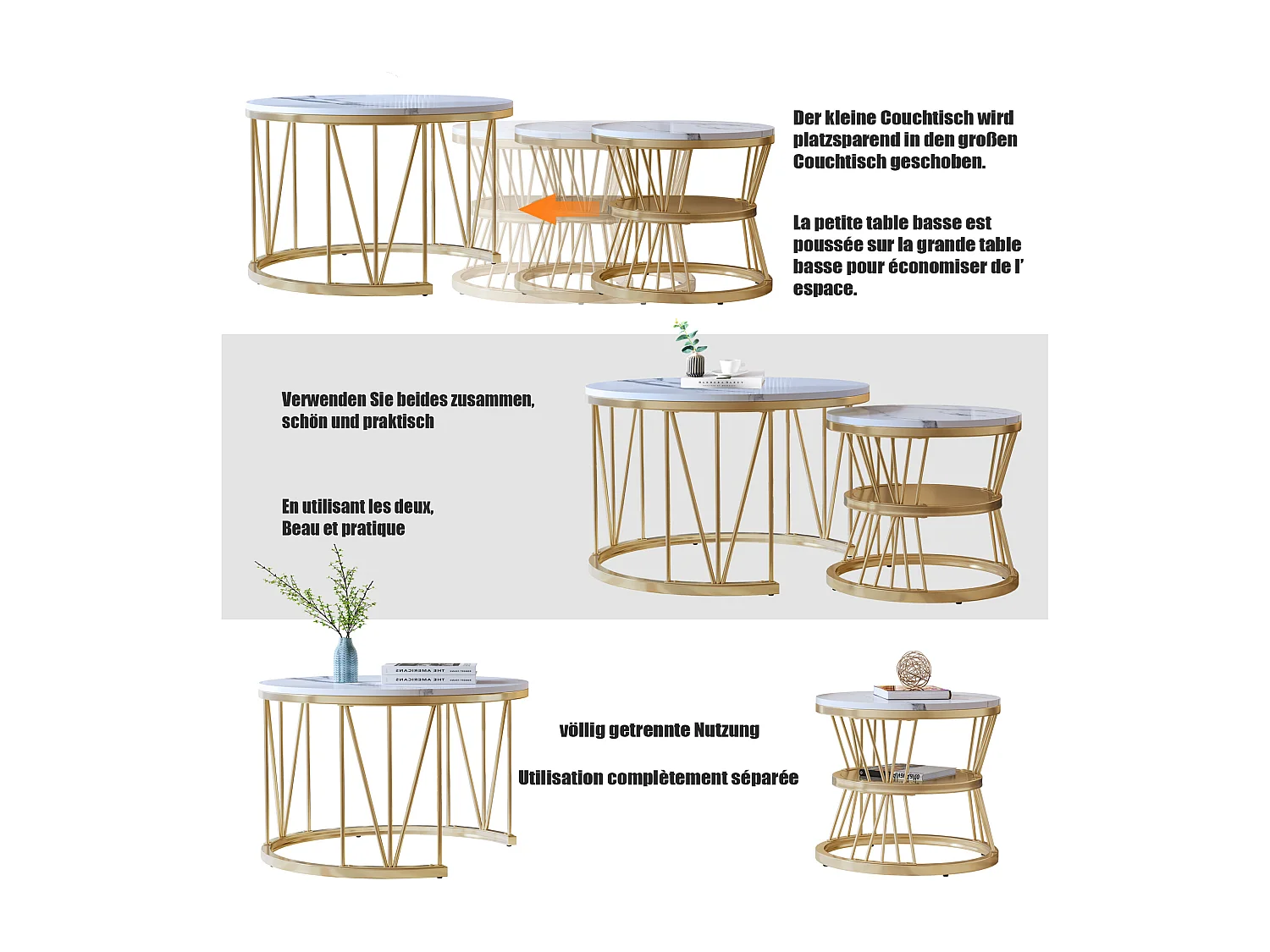 Couchtisch 2er Set - Satztische - Marmorfurnierdekoration - Beistelltisch für Wohnzimmer - runder - L70x B 70xH45 cm & L45x B45x H40CM (Weiß+Golden)