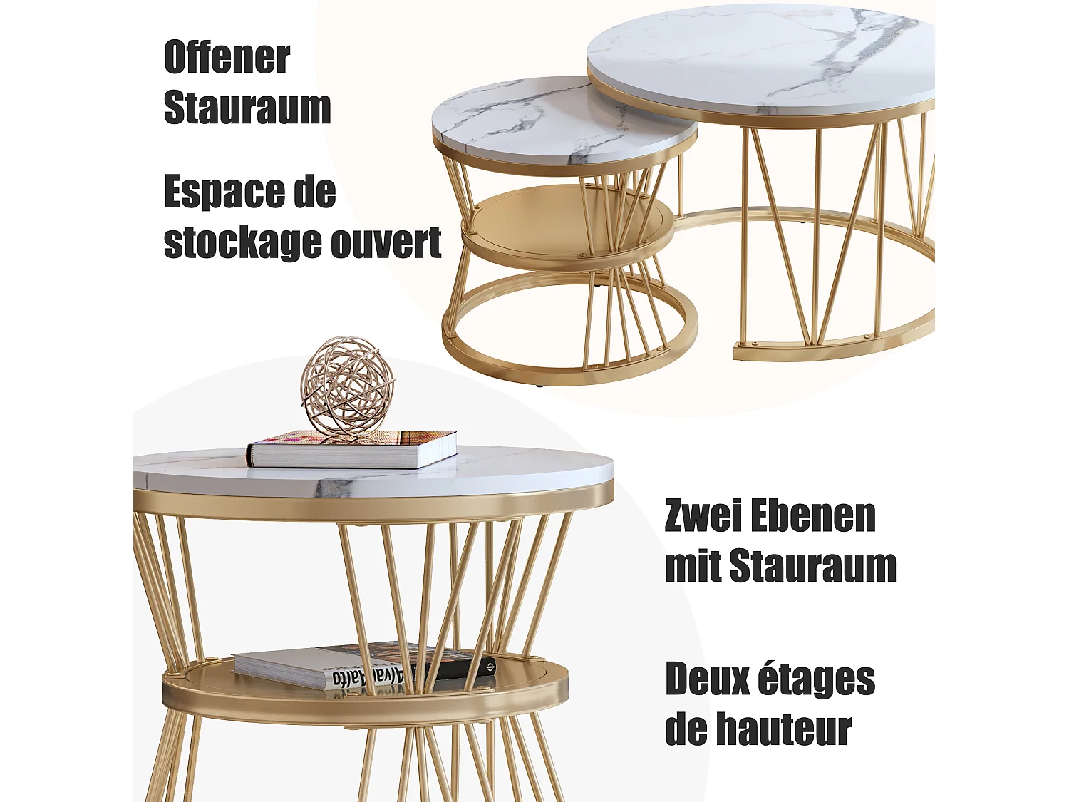 Couchtisch 2er Set - Satztische - Marmorfurnierdekoration - Beistelltisch für Wohnzimmer - runder - L70x B 70xH45 cm & L45x B45x H40CM (Weiß+Golden)