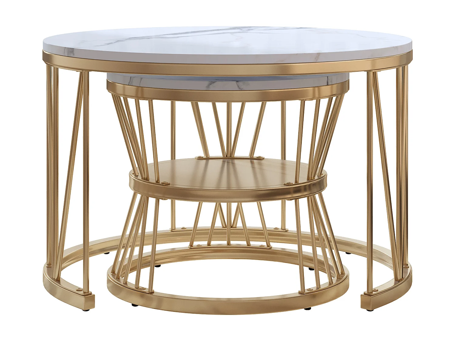 Couchtisch 2er Set - Satztische - Marmorfurnierdekoration - Beistelltisch für Wohnzimmer - runder - L70x B 70xH45 cm & L45x B45x H40CM (Weiß+Golden)