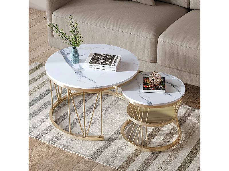 Couchtisch 2er Set - Satztische - Marmorfurnierdekoration - Beistelltisch für Wohnzimmer - runder - L70x B 70xH45 cm & L45x B45x H40CM (Weiß+Golden)