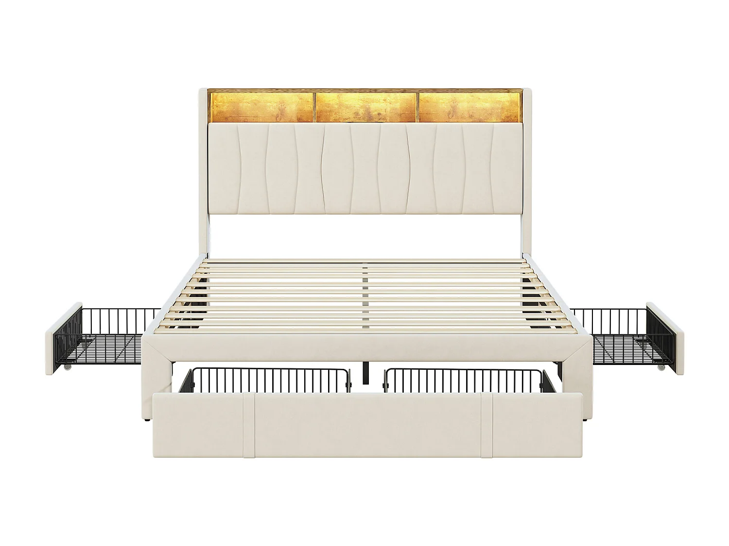 Lit avec rangements 140x200cm - Lit double avec tête de lit, éclairage LED, recharge USB et Type-C - 3 tiroirs - Tissu velours - Beige