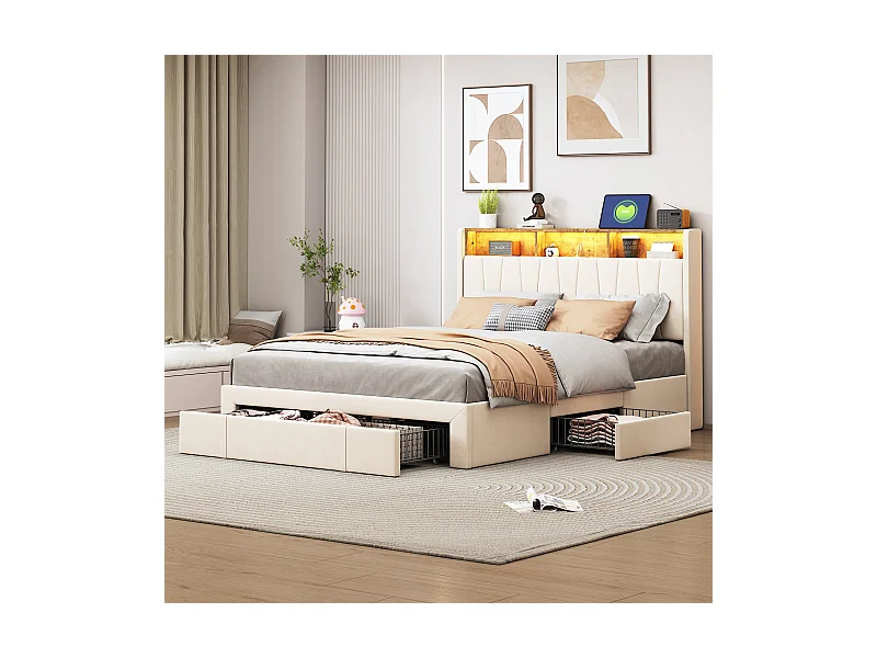 Lit avec rangements 160x200cm - Lit double avec tête de lit, éclairage LED, recharge USB et Type-C - 3 tiroirs - Tissu velours - Beige