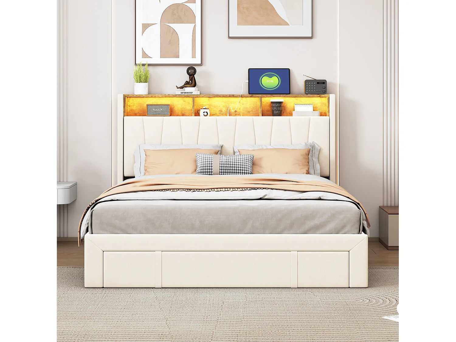 Lit avec rangements 160x200cm - Lit double avec tête de lit, éclairage LED, recharge USB et Type-C - 3 tiroirs - Tissu velours - Beige