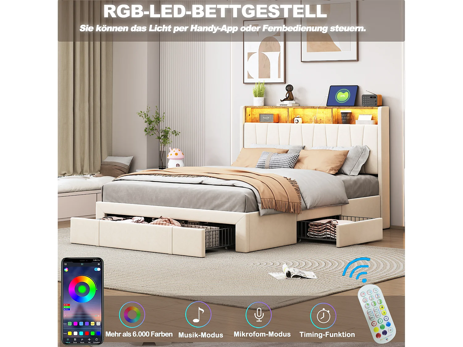 Lit avec rangements 160x200cm - Lit double avec tête de lit, éclairage LED, recharge USB et Type-C - 3 tiroirs - Tissu velours - Beige