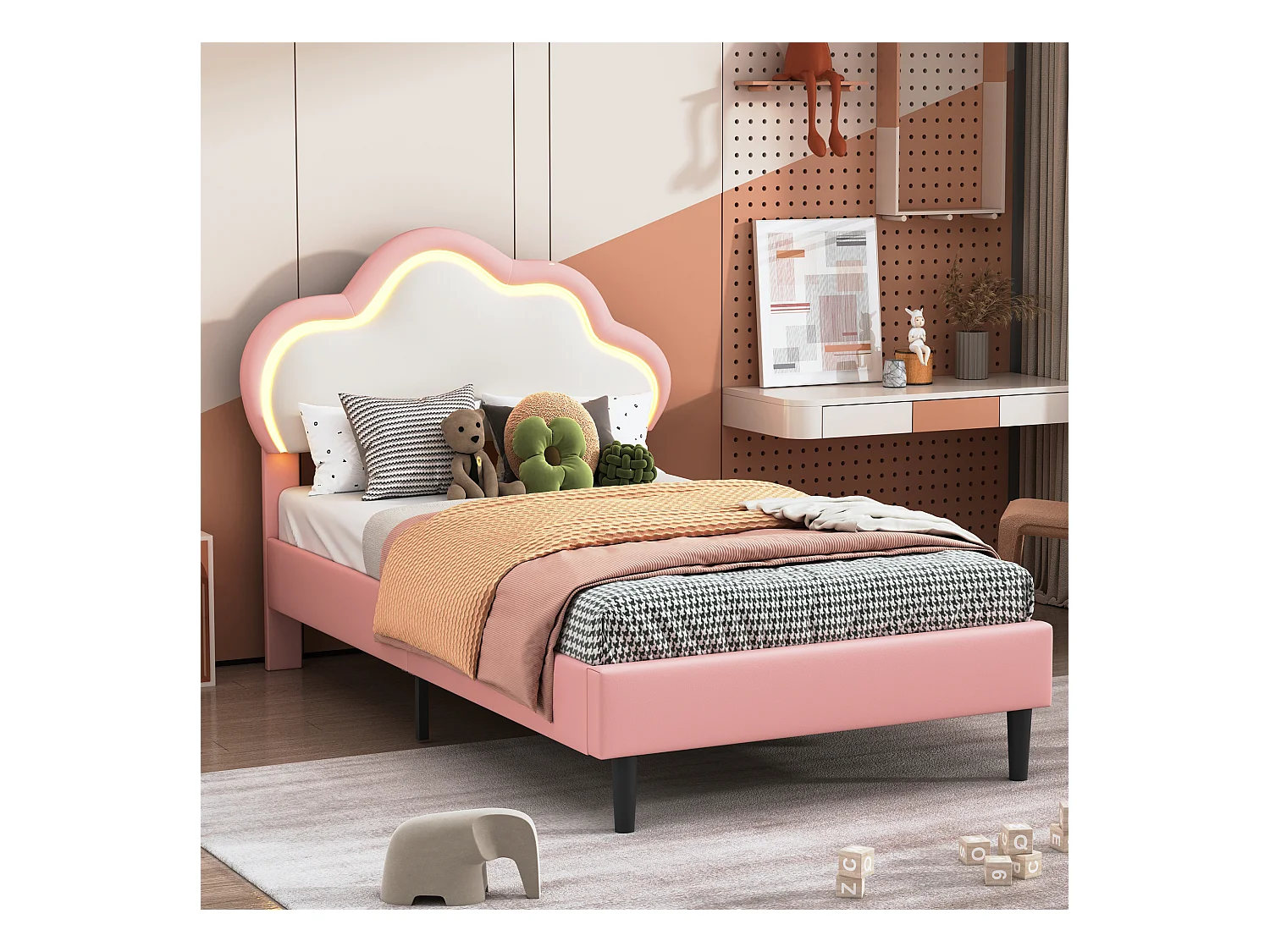 Bett 90x200 cm - Kinderbett mit Kopfteil - LED-Licht - PU - Rosa