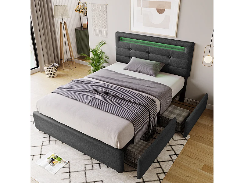 Lit capitonné 90x200 cm - Lit jeune avec éclairage LED et 2 tiroirs - Lit simple - Gris - Tissu lin