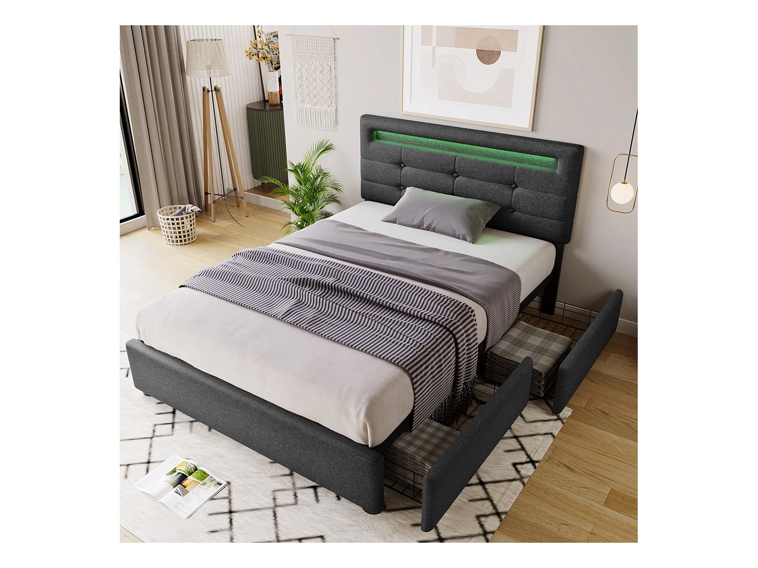 Lit capitonné 90x200 cm - Lit jeune avec éclairage LED et 2 tiroirs - Lit simple - Gris - Tissu lin