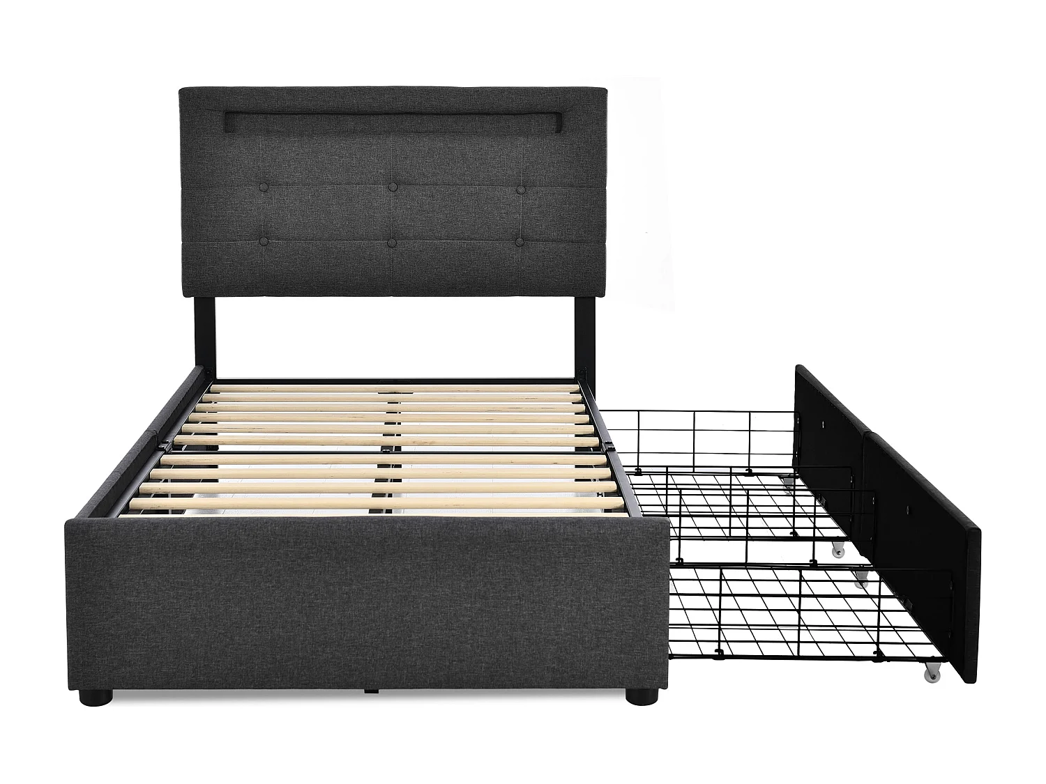 Lit capitonné 90x200 cm - Lit jeune avec éclairage LED et 2 tiroirs - Lit simple - Gris - Tissu lin