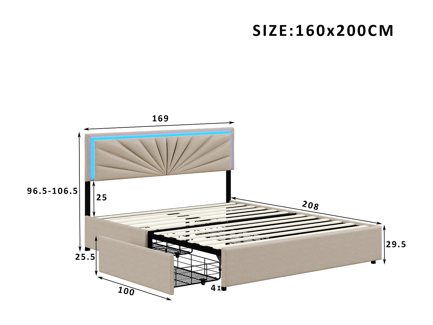 Lit capitonné 160x200 cm - Lit double avec 4 tiroirs - Éclairage LED et recharge USB - Beige