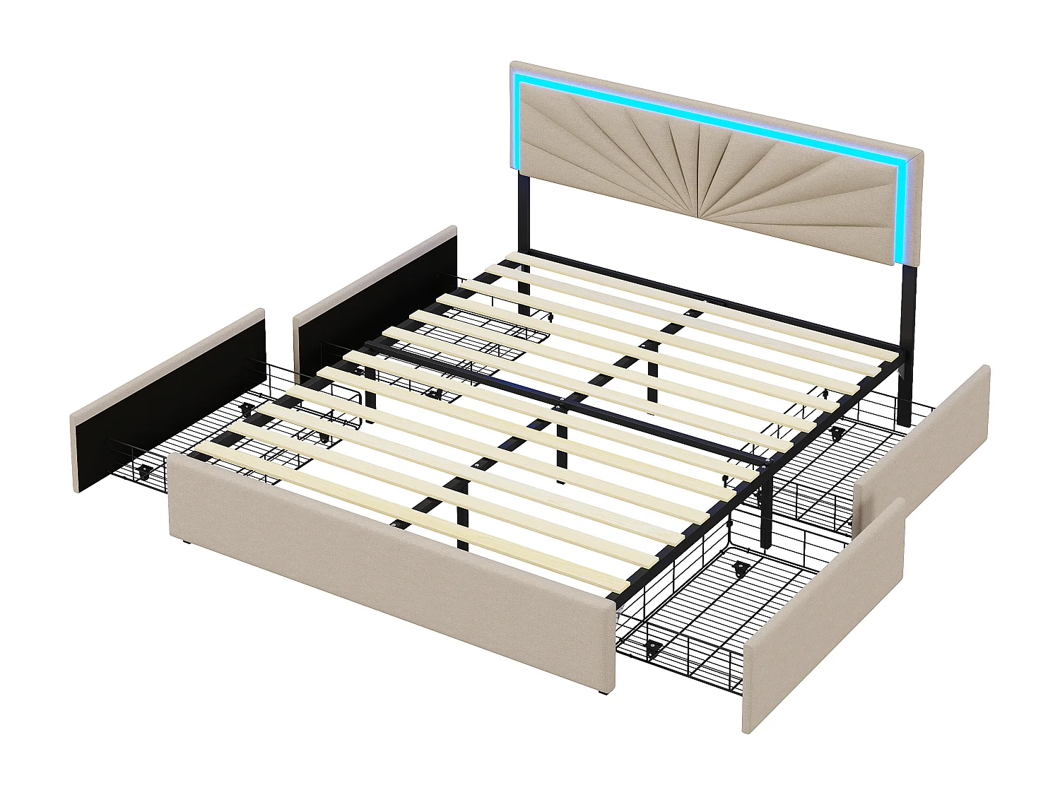 Lit capitonné 160x200 cm - Lit double avec 4 tiroirs - Éclairage LED et recharge USB - Beige