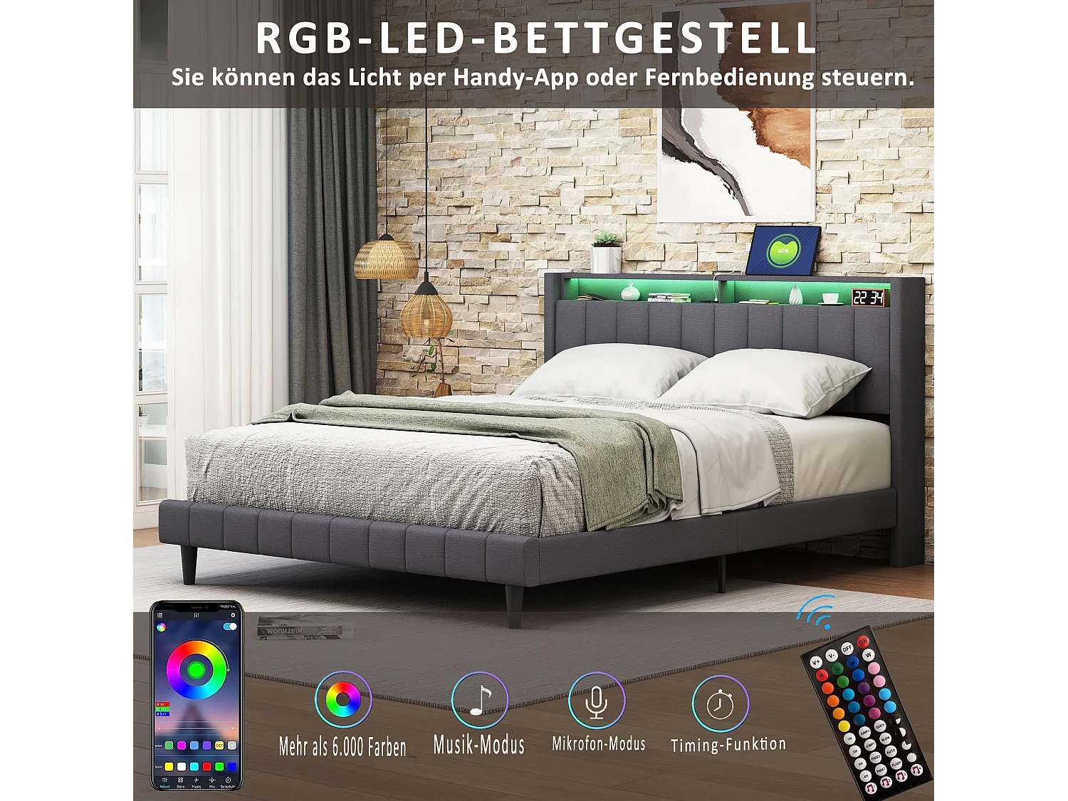 Lit capitonné 160x200 cm - Lit double avec éclairage LED et USB - Tête de lit avec rangement - Gris - Tissu lin