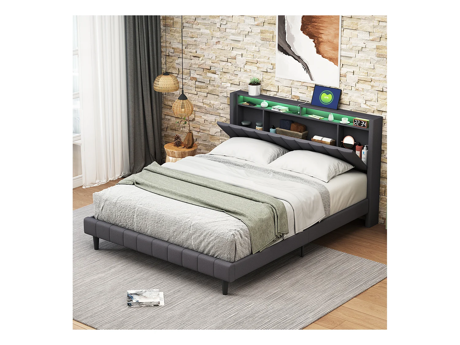 Lit capitonné 160x200 cm - Lit double avec éclairage LED et USB - Tête de lit avec rangement - Gris - Tissu lin