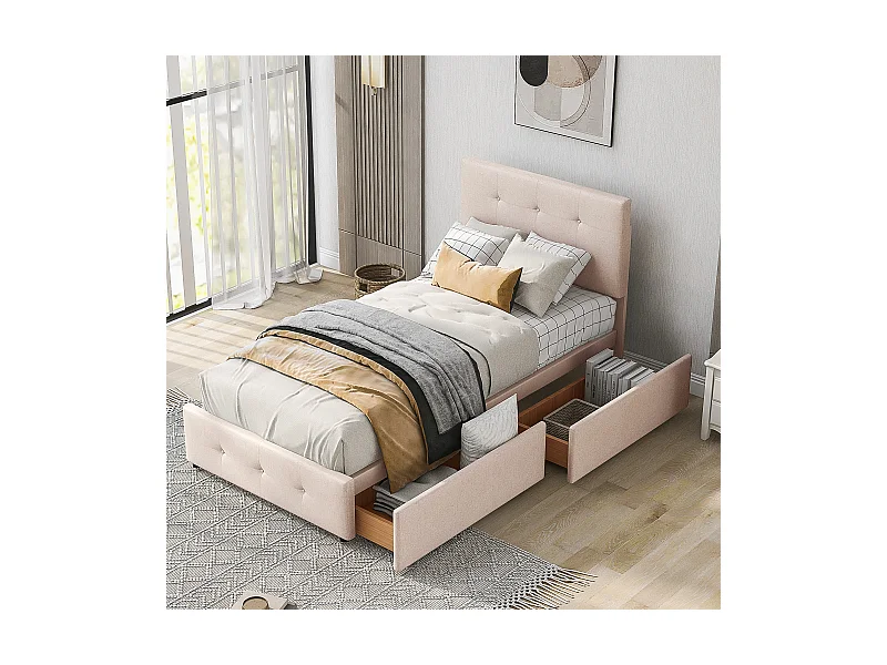 Lit capitonné 90x200 cm - Lit enfant 2 tiroirs - Lit simple - Beige foncé - Tissu velours