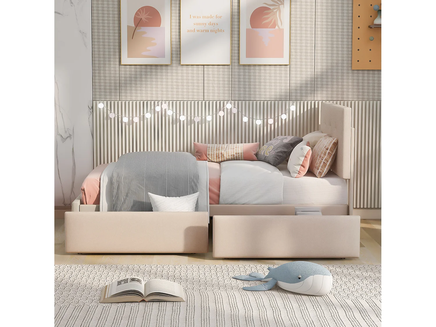 Lit capitonné 90x200 cm - Lit enfant 2 tiroirs - Lit simple - Beige foncé - Tissu velours