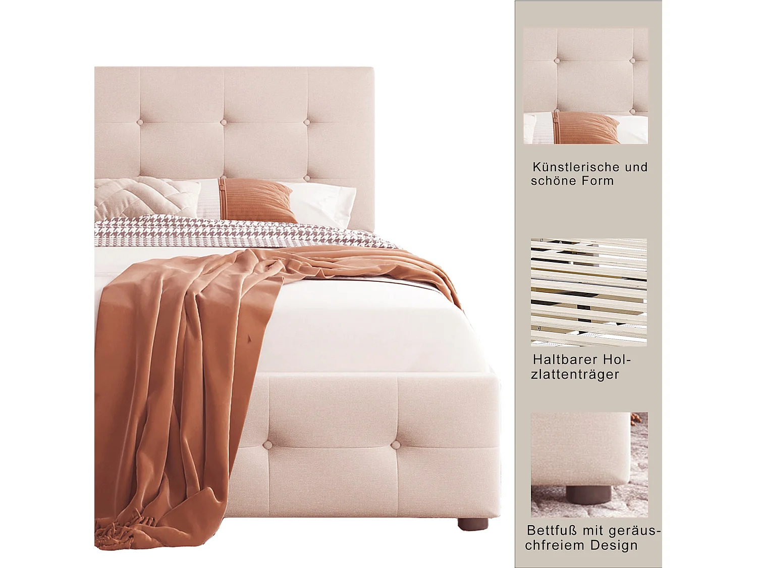 Lit capitonné 90x200 cm - Lit enfant 2 tiroirs - Lit simple - Beige foncé - Tissu velours