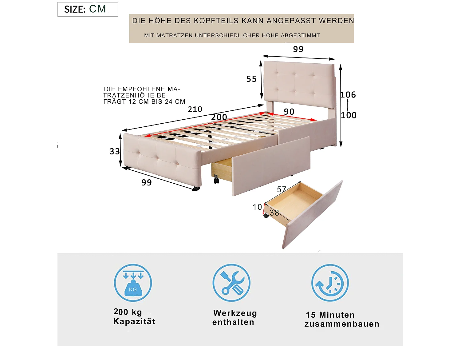 Lit capitonné 90x200 cm - Lit enfant 2 tiroirs - Lit simple - Beige foncé - Tissu velours