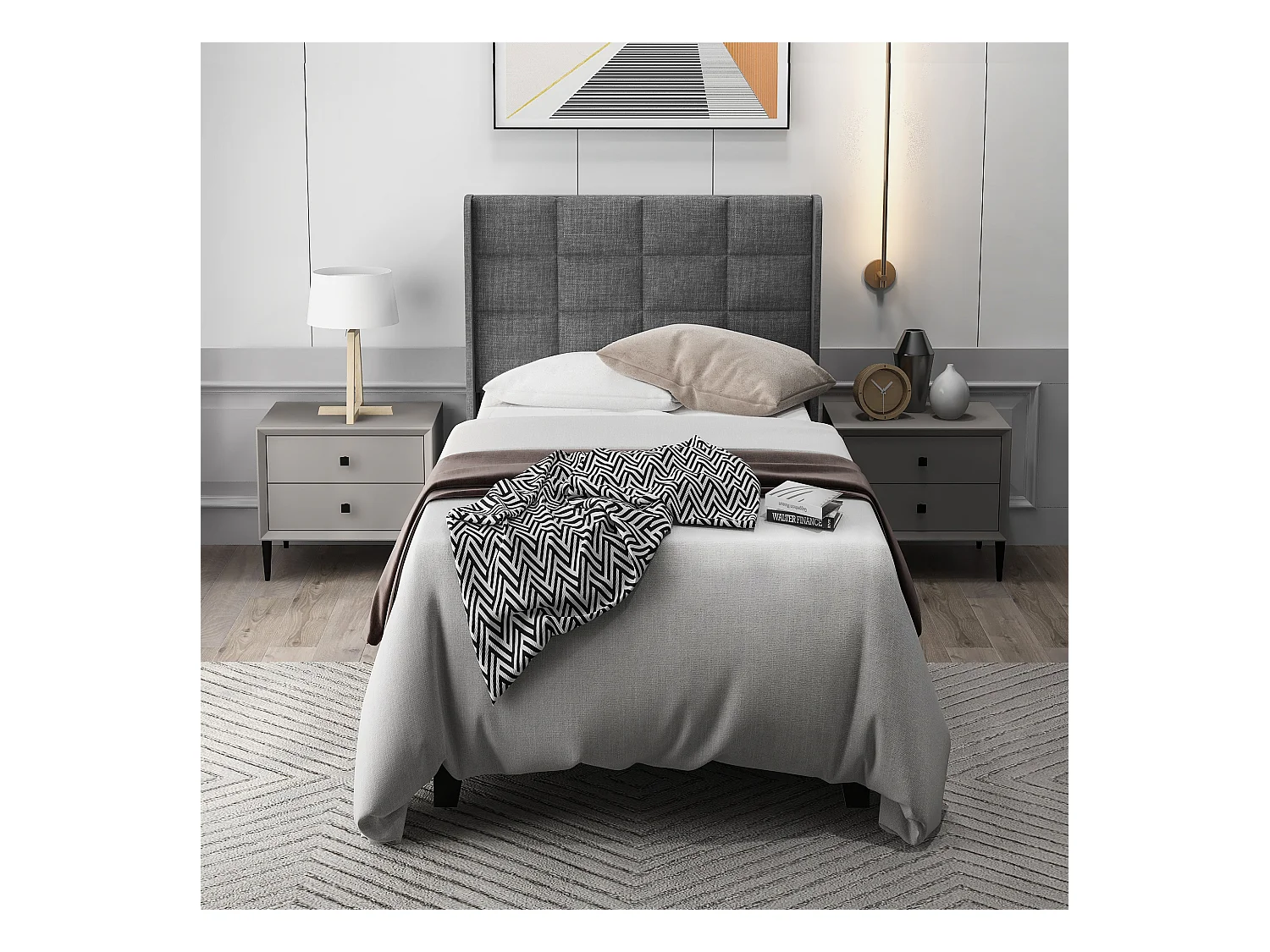 Lit capitonné 90x200 cm - Lit jeune avec tête de lit capitonnée et sommier à lattes - Lin - Gris