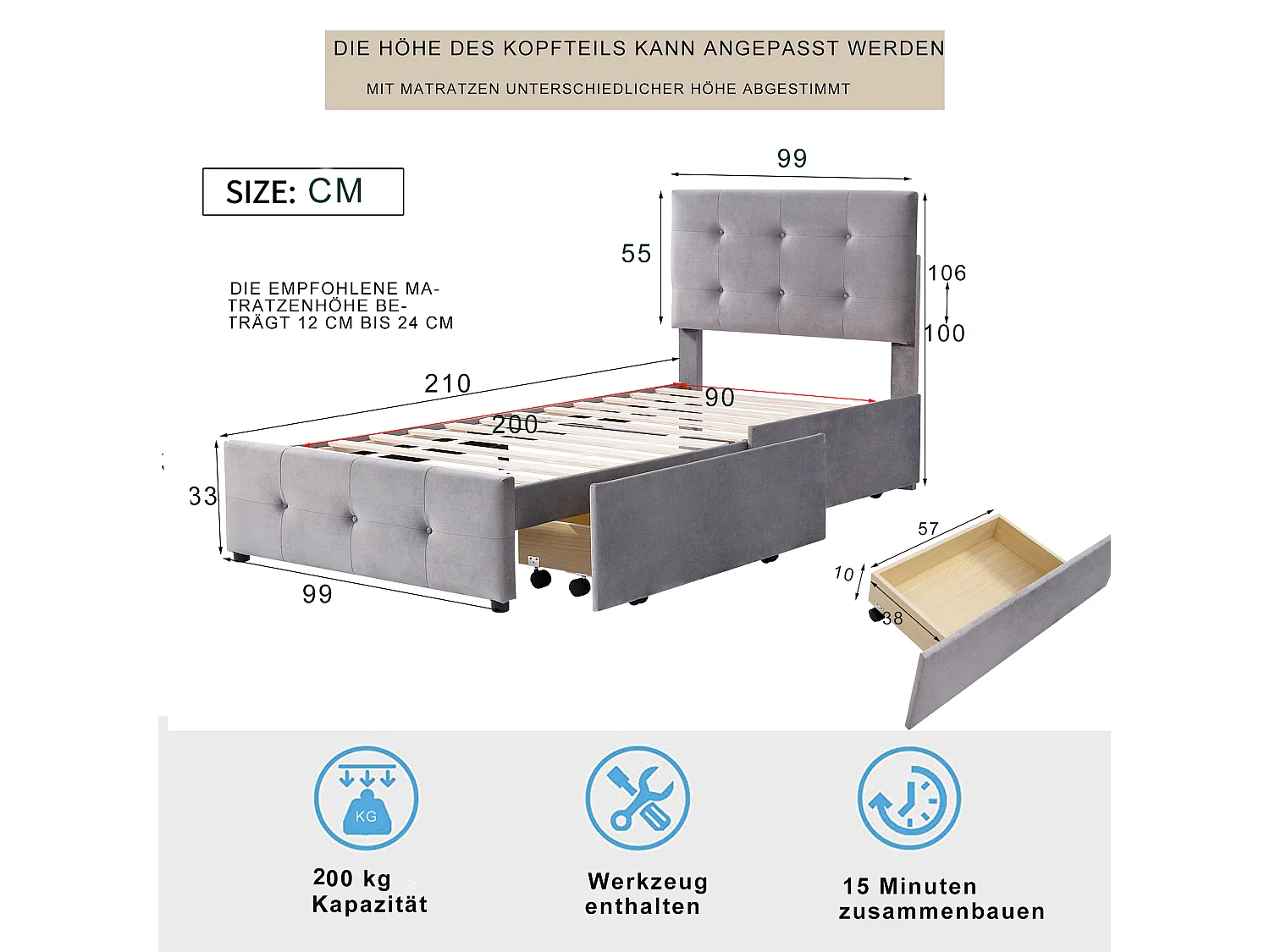 Lit capitonné 90x200 cm - Lit enfant 2 tiroirs - Lit simple - Gris - Tissu velours
