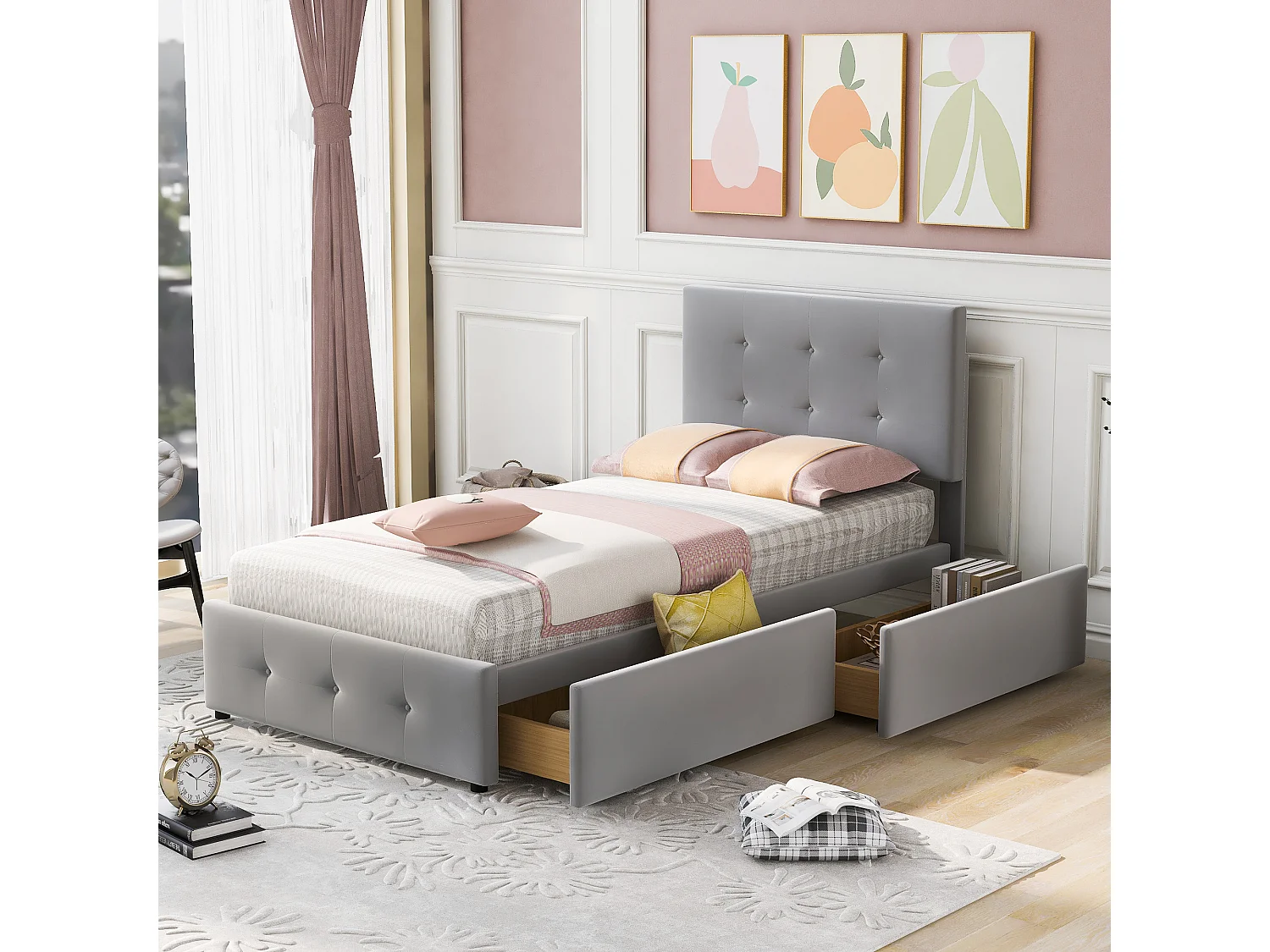 Lit capitonné 90x200 cm - Lit enfant 2 tiroirs - Lit simple - Gris - Tissu velours