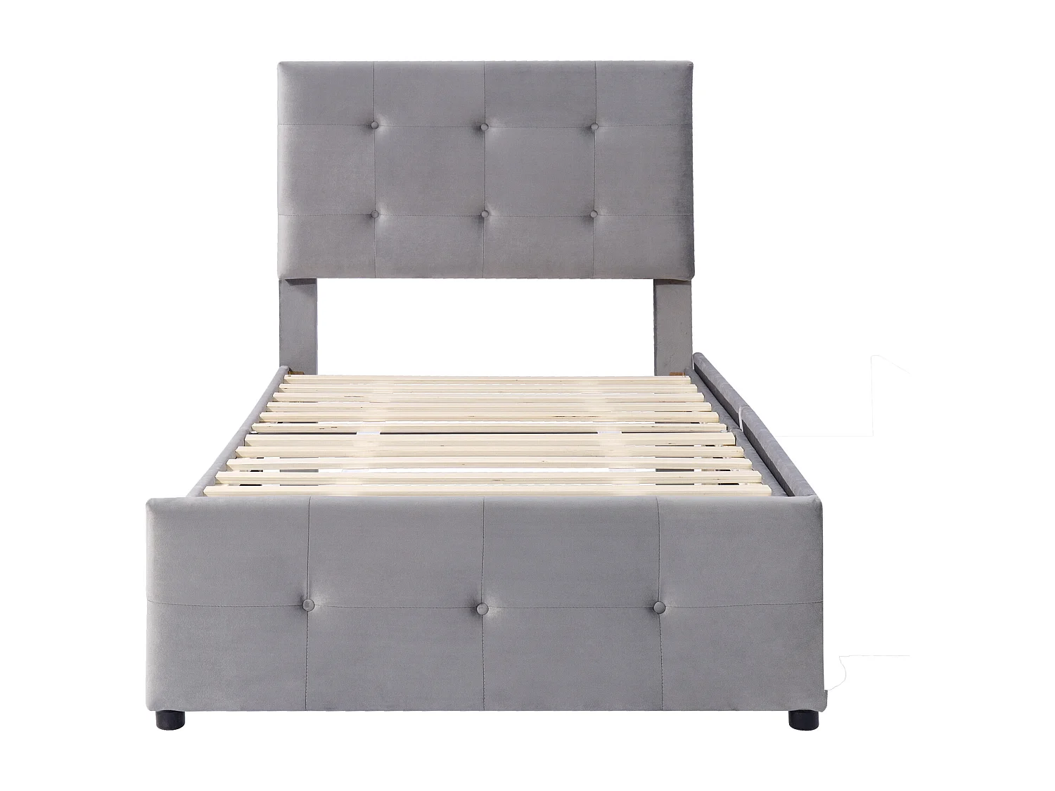 Lit capitonné 90x200 cm - Lit enfant 2 tiroirs - Lit simple - Gris - Tissu velours