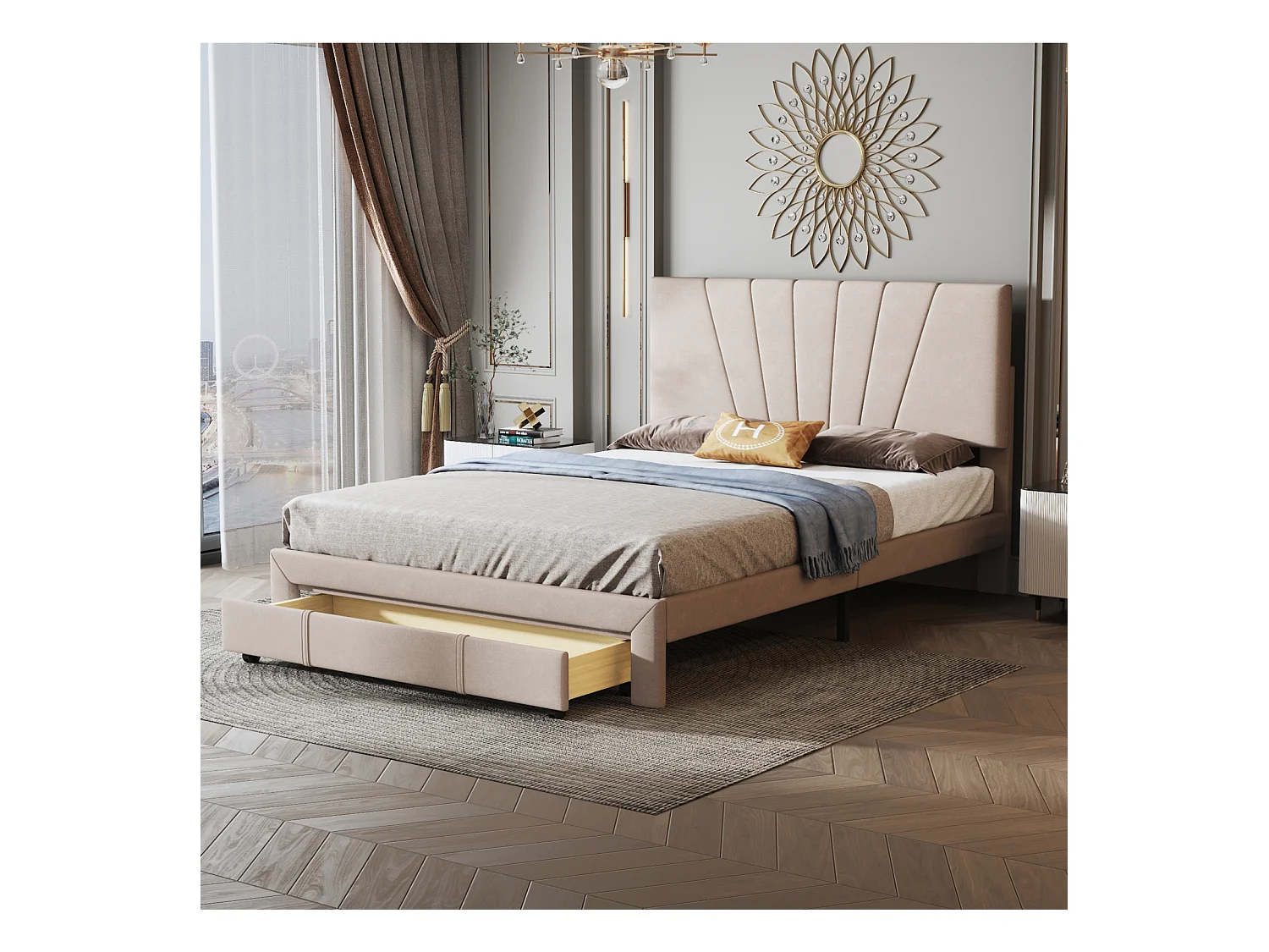 Lit double 140x200 cm - Lit tapissé avec sommier à lattes, dossier et grand tiroir - Tissu velours - Beige