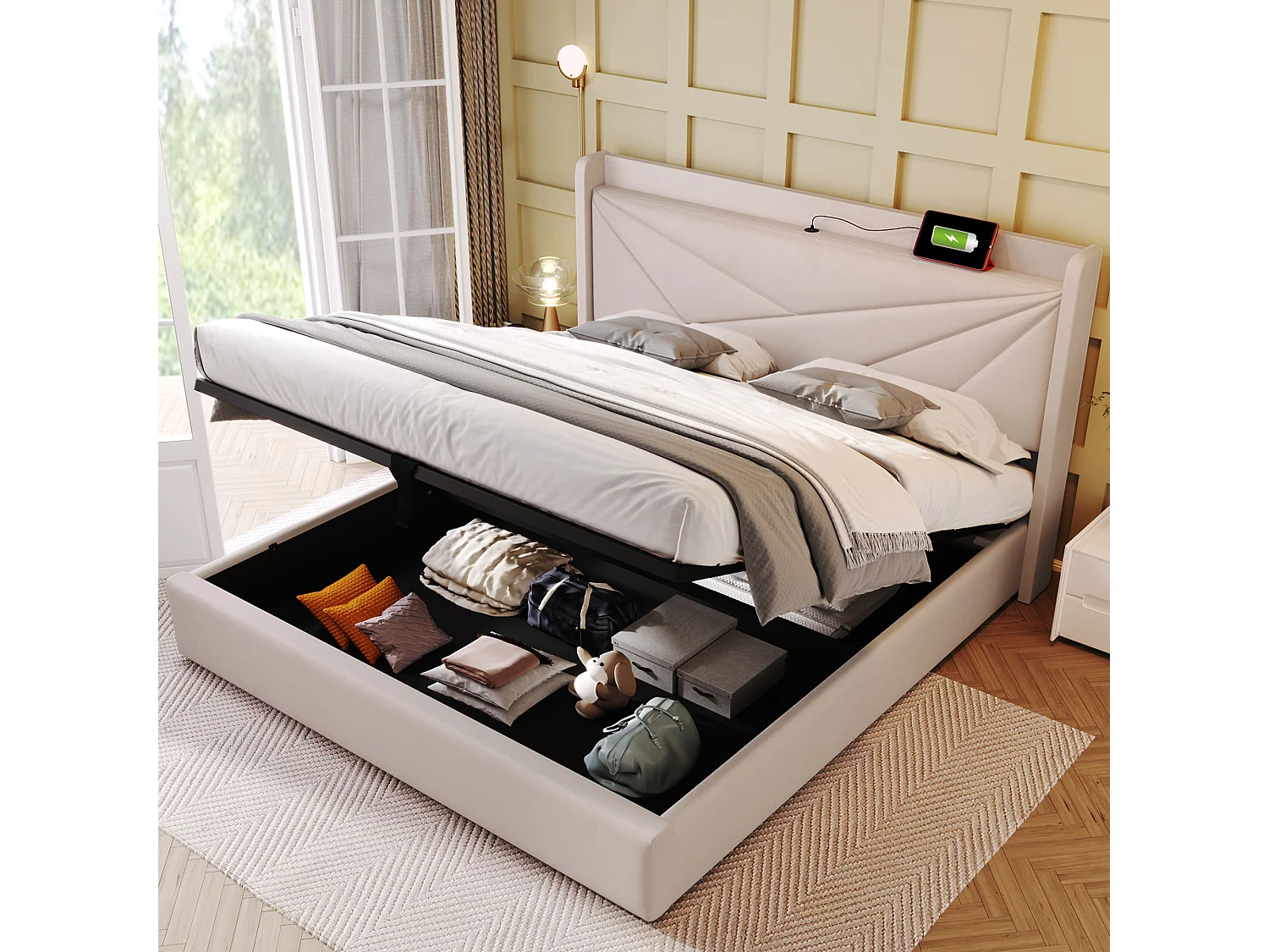 Lit avec rangement - 140x200 cm - Lit double avec fonction de charge USB Type C, tête de lit - matière lin - beige