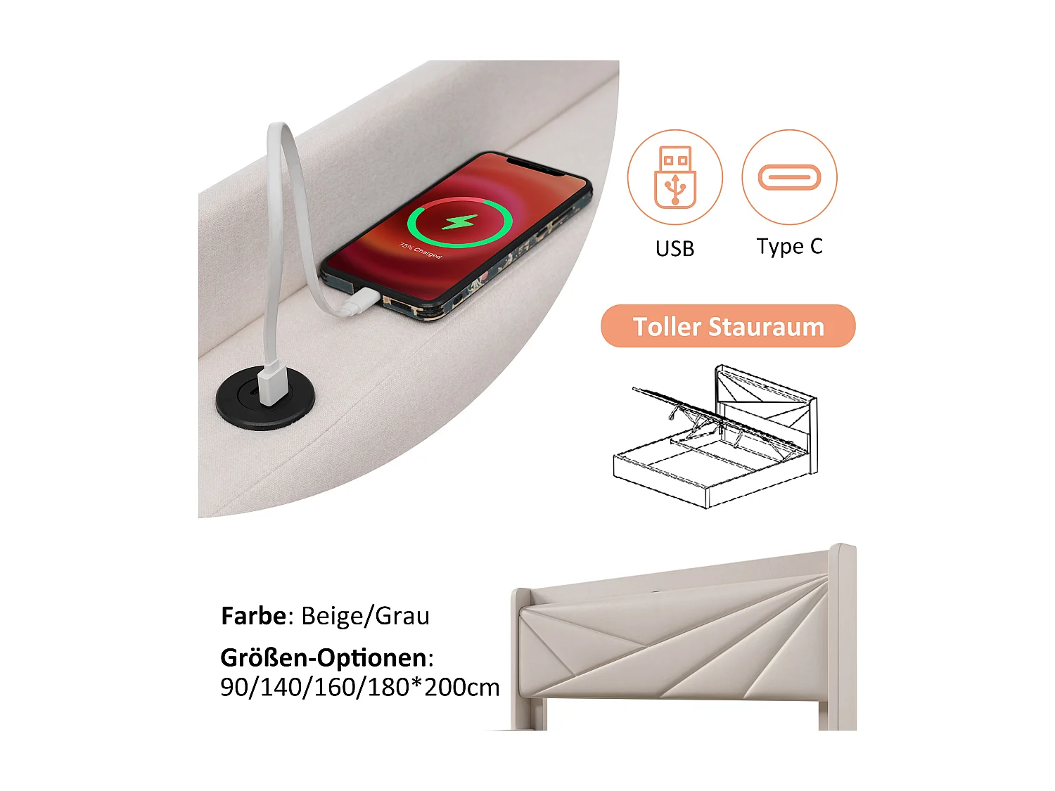 Lit avec rangement - 140x200 cm - Lit double avec fonction de charge USB Type C, tête de lit - matière lin - beige