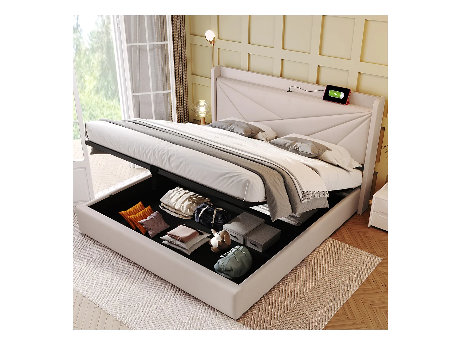 Lit avec rangement - 140x200 cm - Lit double avec fonction de charge USB Type C, tête de lit - matière lin - beige