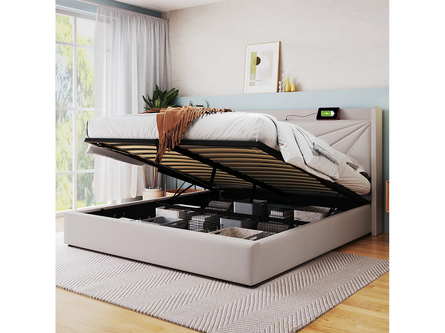 Lit avec rangement - 160x200 cm - Lit double avec fonction de charge USB Type C, tête de lit - matière lin - beige