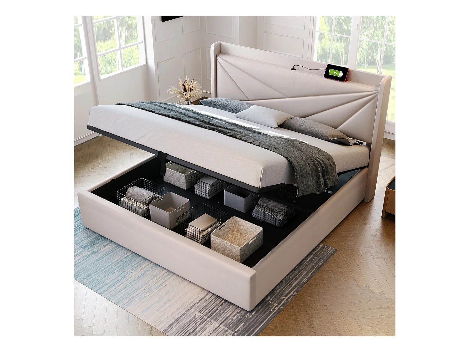 Lit avec rangement - 160x200 cm - Lit double avec fonction de charge USB Type C, tête de lit - matière lin - beige