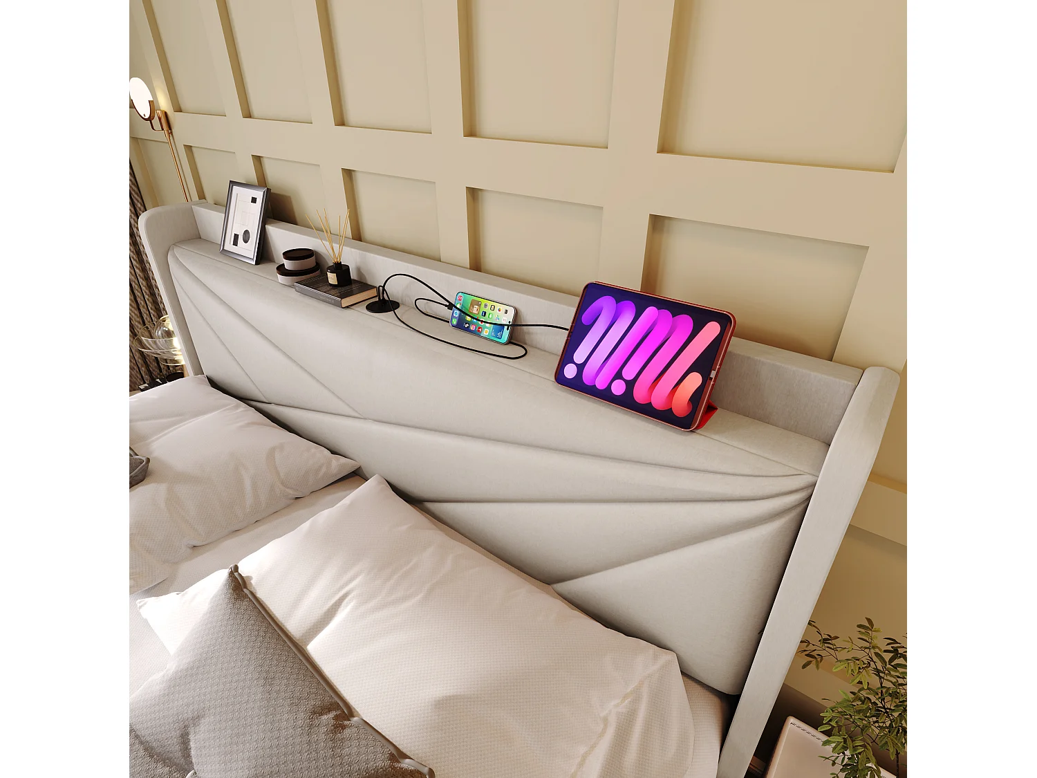 Lit avec rangement - 160x200 cm - Lit double avec fonction de charge USB Type C, tête de lit - matière lin - beige