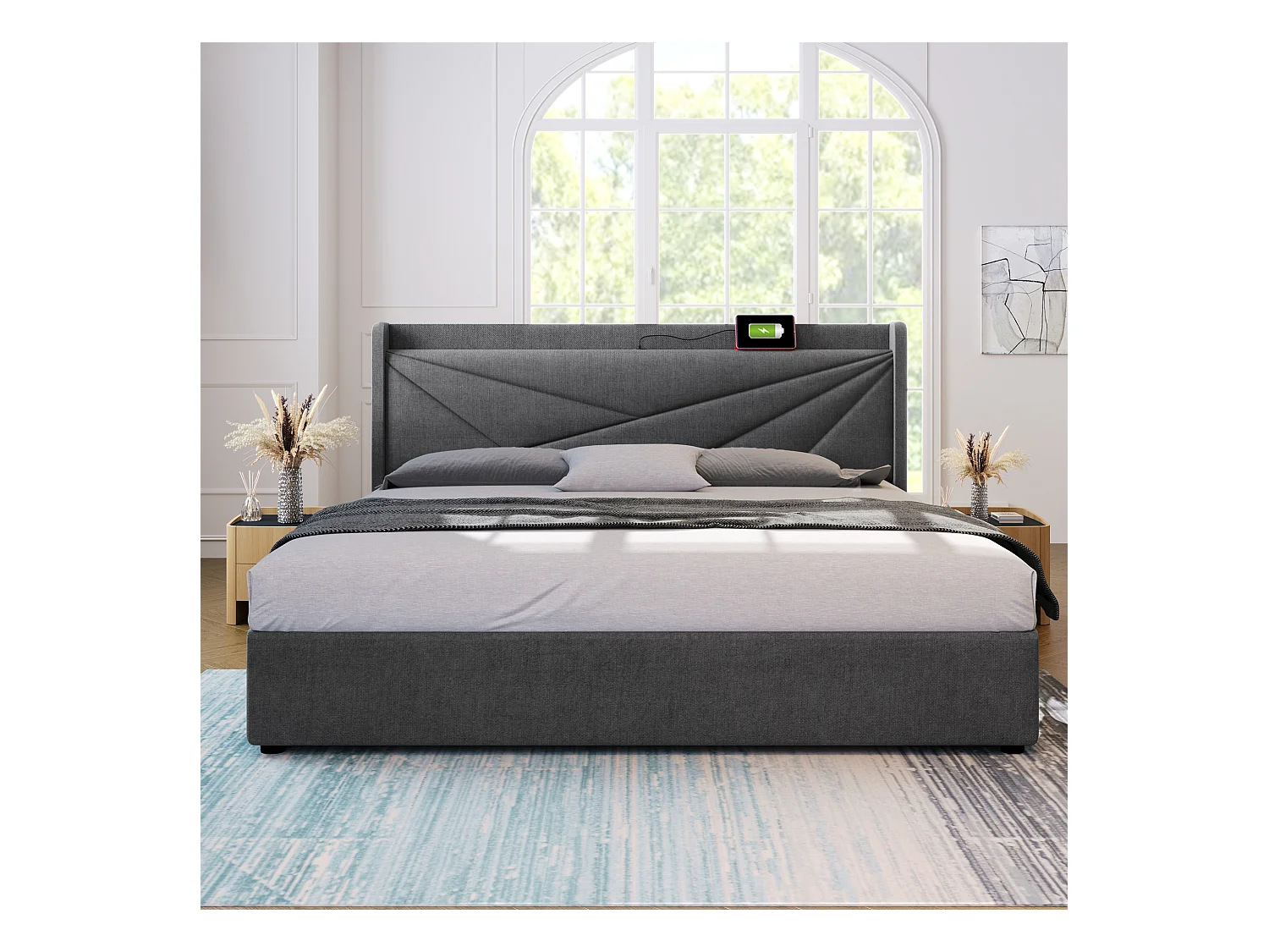 Bett mit Stauraum - 180x200 cm - Doppelbett mit USB Typ C Ladefunktion Kopfteil - Leinenmaterial - Grau