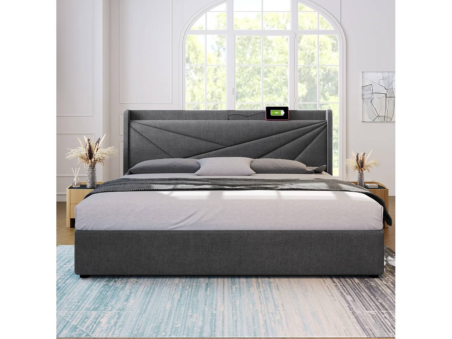 Lit avec rangement - 180x200 cm - Lit double avec fonction de charge USB Type C, tête de lit - matière lin - gris