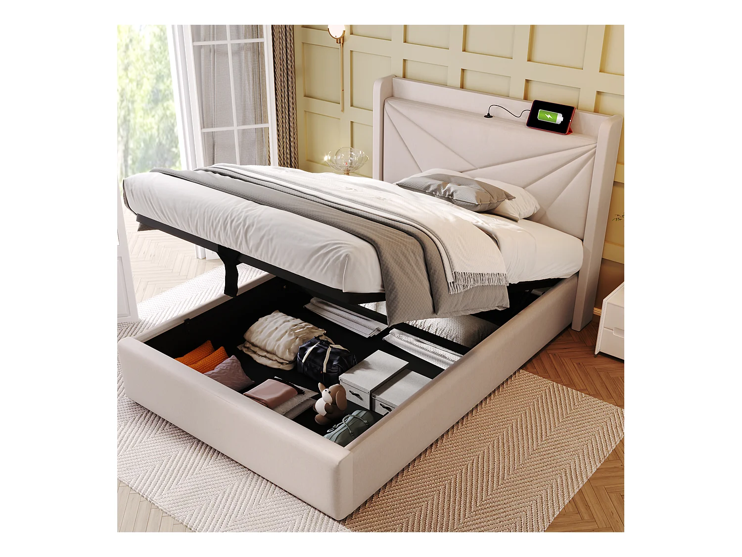 Lit avec rangement - 90x200 cm - Lit simple avec fonction de charge USB Type C, tête de lit - matière lin - beige