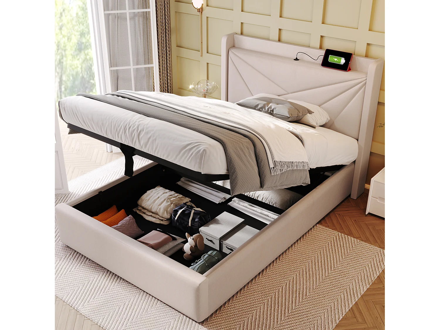 Lit avec rangement - 90x200 cm - Lit simple avec fonction de charge USB Type C, tête de lit - matière lin - beige