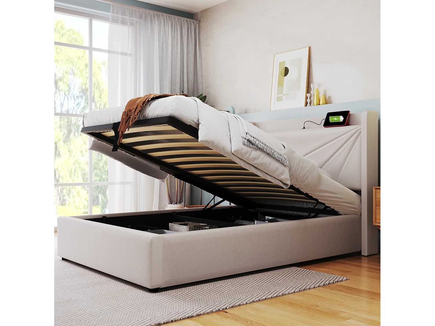 Lit avec rangement - 90x200 cm - Lit simple avec fonction de charge USB Type C, tête de lit - matière lin - beige